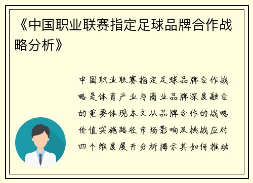 《中国职业联赛指定足球品牌合作战略分析》