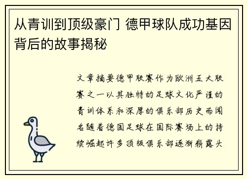 从青训到顶级豪门 德甲球队成功基因背后的故事揭秘