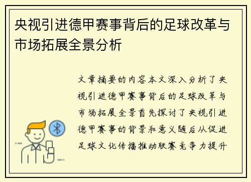 央视引进德甲赛事背后的足球改革与市场拓展全景分析