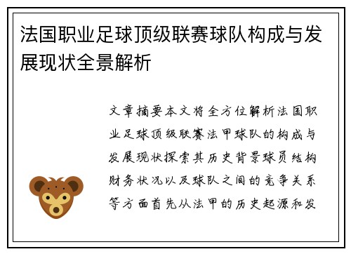 法国职业足球顶级联赛球队构成与发展现状全景解析