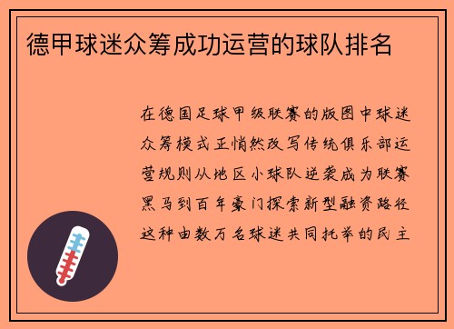 德甲球迷众筹成功运营的球队排名